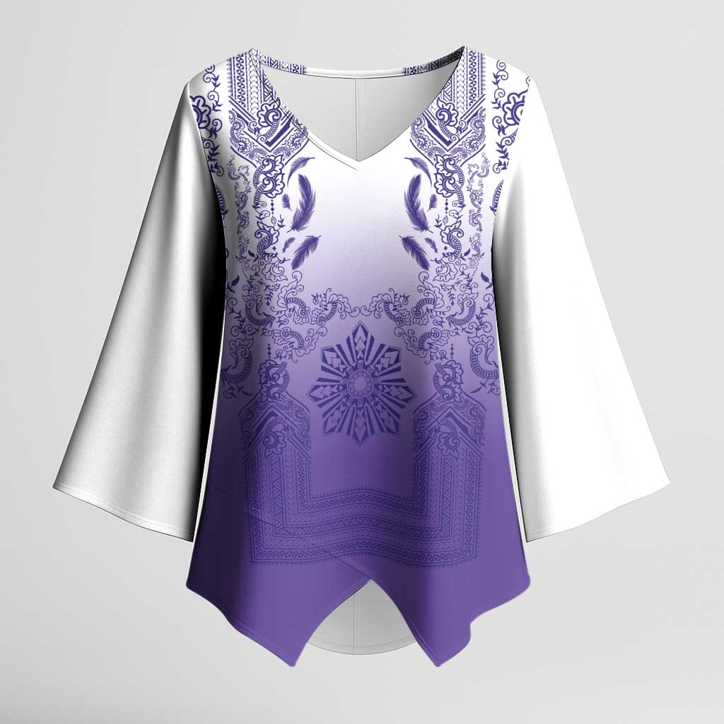 Philippines Barong Style Kimono Sleeve Blouse with Polynesian Art and Leaf Motif Purple Color