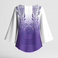 Philippines Barong Style Kimono Sleeve Blouse with Polynesian Art and Leaf Motif Purple Color
