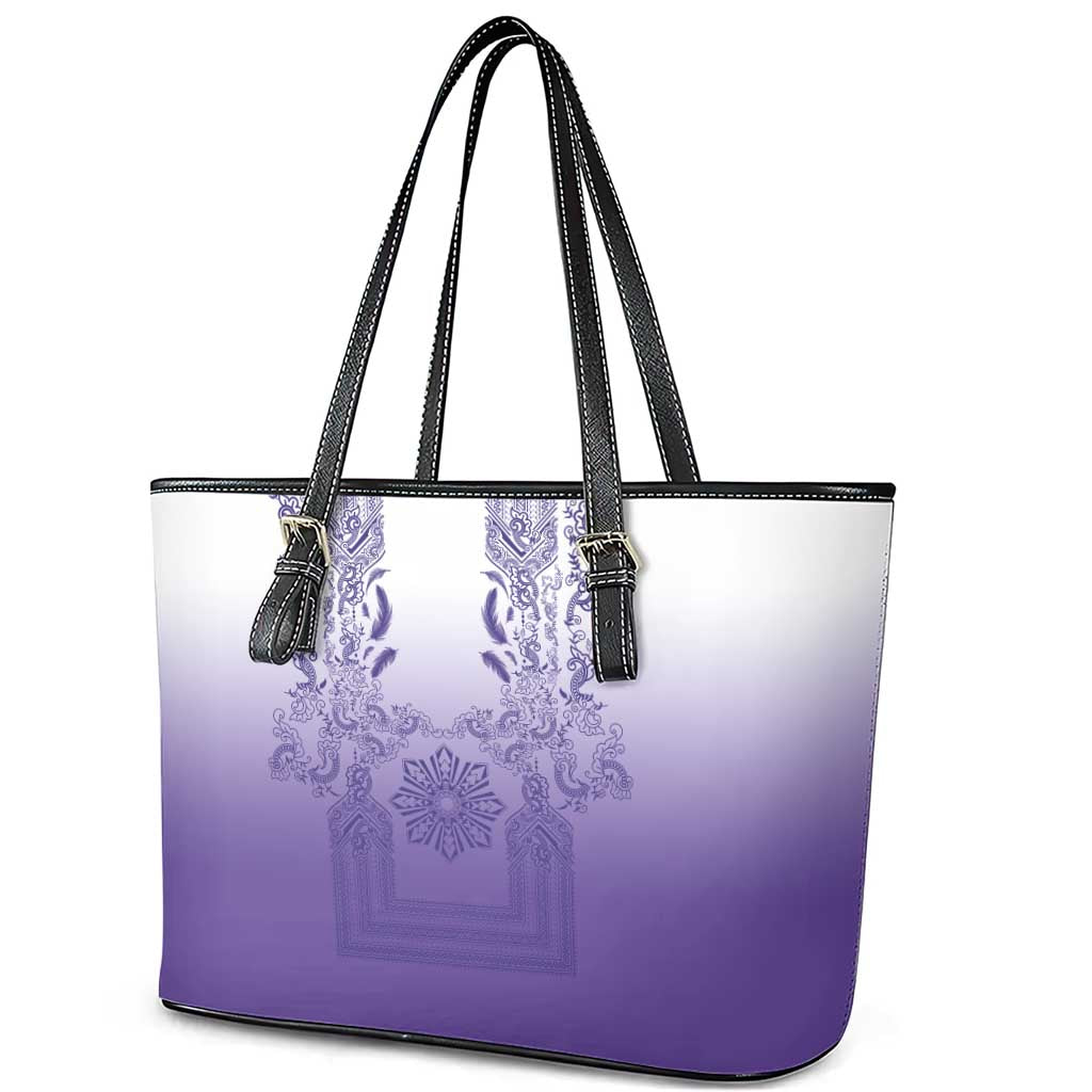 Philippines Barong Style Leather Tote Bag with Polynesian Art and Leaf Motif Purple Color