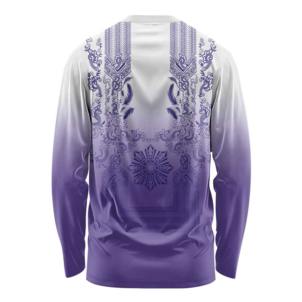 Philippines Barong Style Long Sleeve Shirt with Polynesian Art and Leaf Motif Purple Color