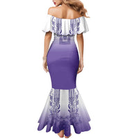 Philippines Barong Style Mermaid Dress with Polynesian Art and Leaf Motif Purple Color