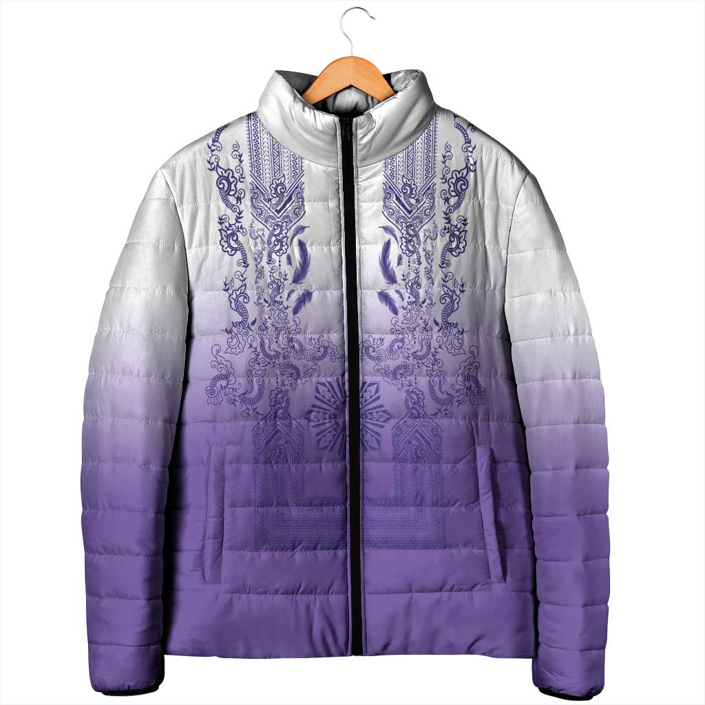 Philippines Barong Style Padded Jacket with Polynesian Art and Leaf Motif Purple Color