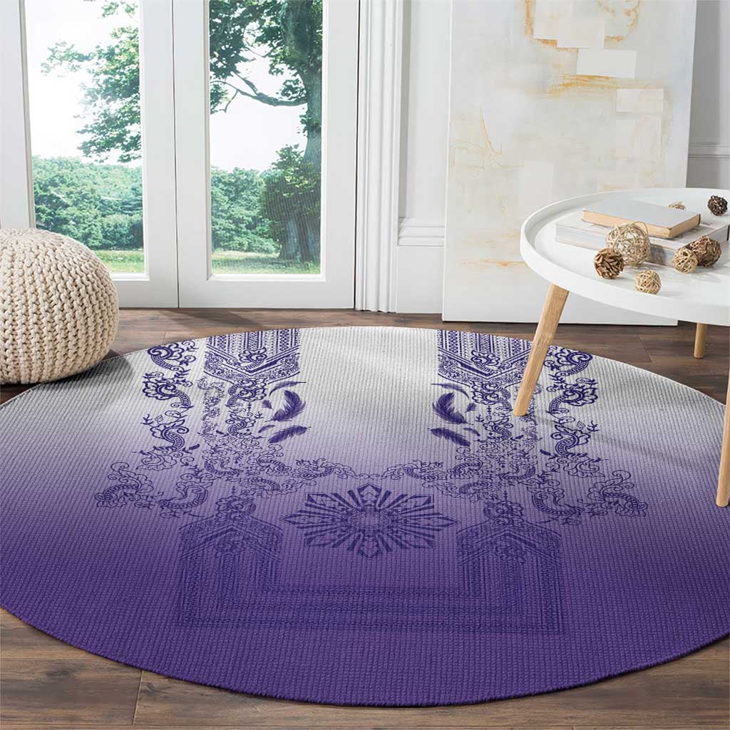 Philippines Barong Style Round Carpet with Polynesian Art and Leaf Motif Purple Color