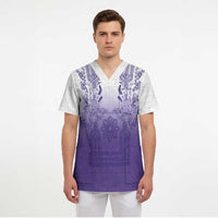 Philippines Barong Style Scrub Top with Polynesian Art and Leaf Motif Purple Color