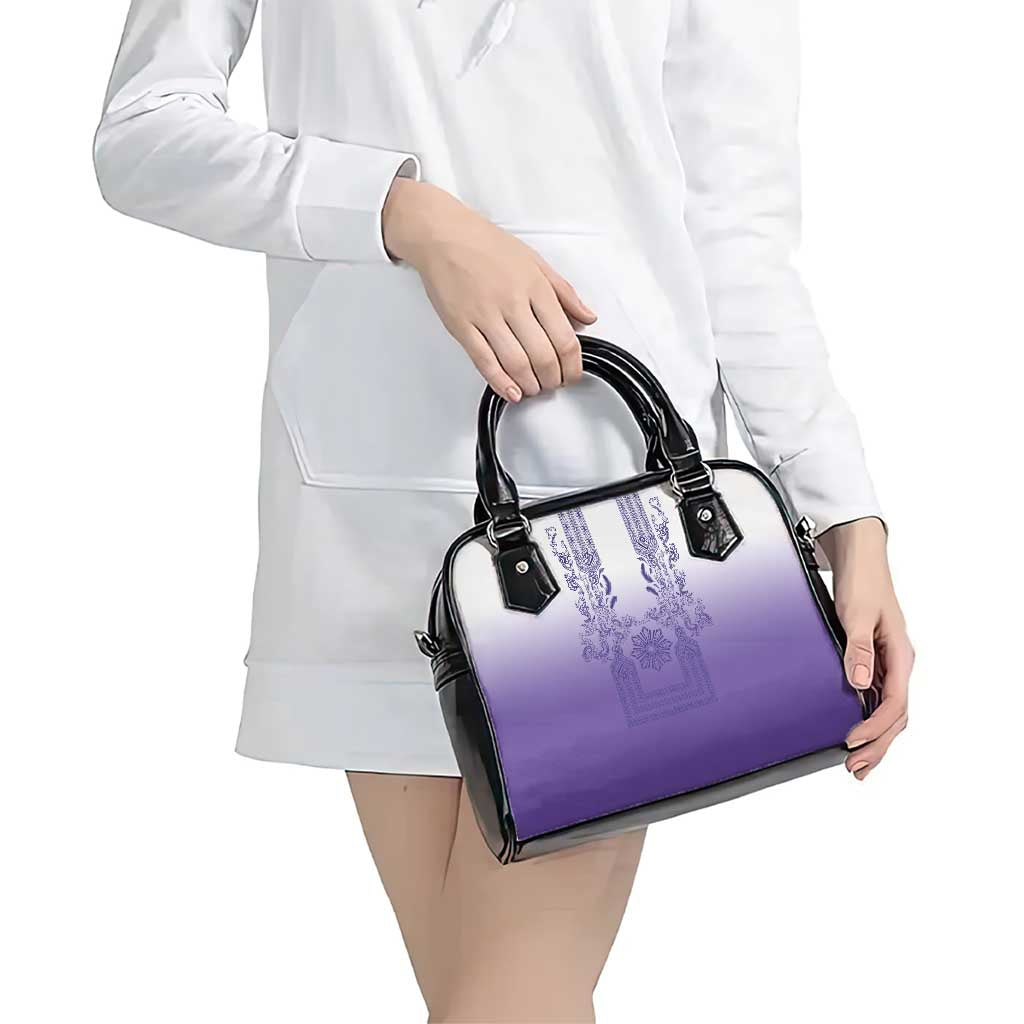 Philippines Barong Style Shoulder Handbag with Polynesian Art and Leaf Motif Purple Color
