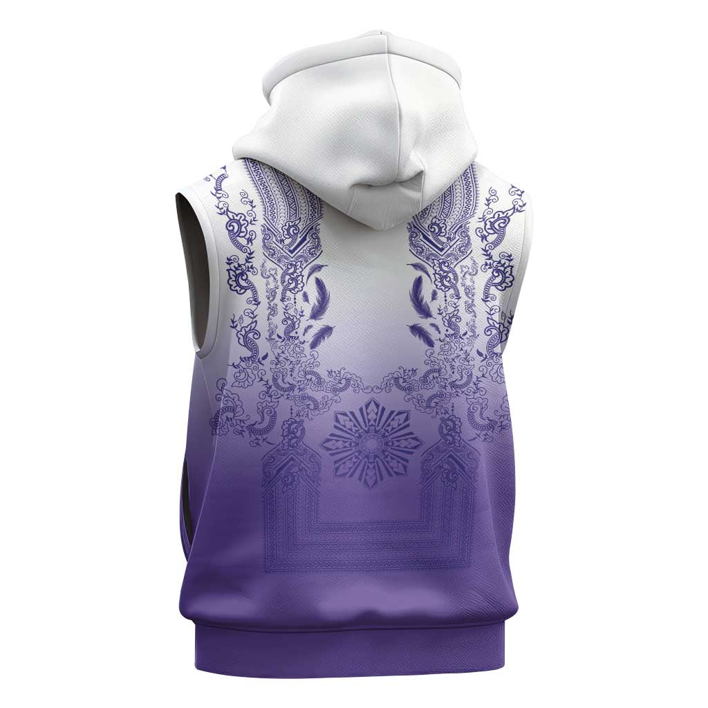Philippines Barong Style Sleeveless Hoodie with Polynesian Art and Leaf Motif Purple Color