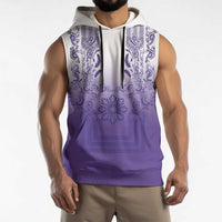 Philippines Barong Style Sleeveless Hoodie with Polynesian Art and Leaf Motif Purple Color