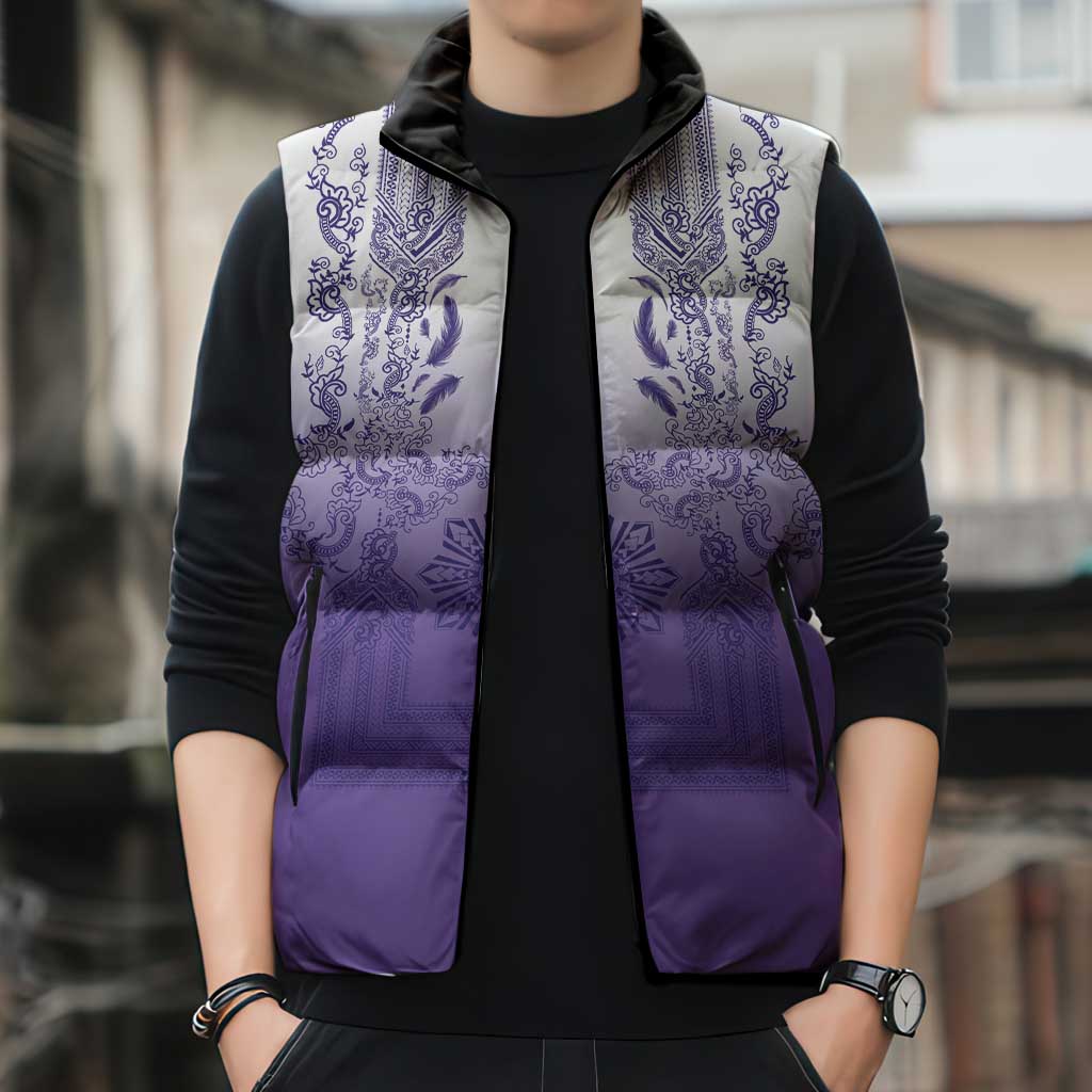 Philippines Barong Style Sleeveless Puffer Jacket with Polynesian Art and Leaf Motif Purple Color