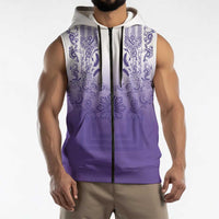 Philippines Barong Style Sleeveless Zip Hoodie with Polynesian Art and Leaf Motif Purple Color
