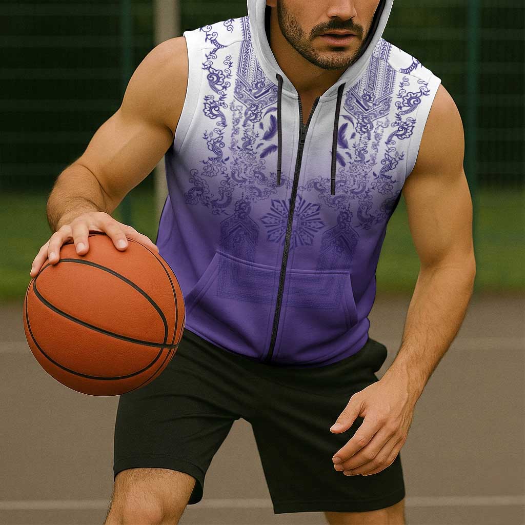 Philippines Barong Style Sleeveless Zip Hoodie with Polynesian Art and Leaf Motif Purple Color