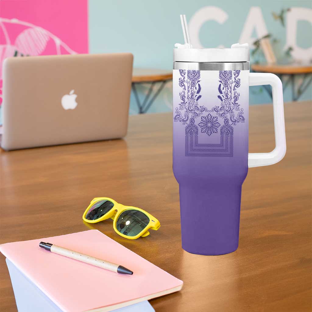 Philippines Barong Style Tumbler With Handle with Polynesian Art and Leaf Motif Purple Color