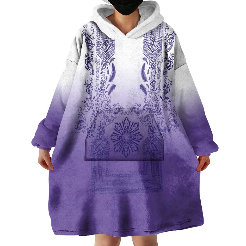 Philippines Barong Style Wearable Blanket Hoodie with Polynesian Art and Leaf Motif Purple Color