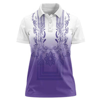 Philippines Barong Style Women Polo Shirt with Polynesian Art and Leaf Motif Purple Color