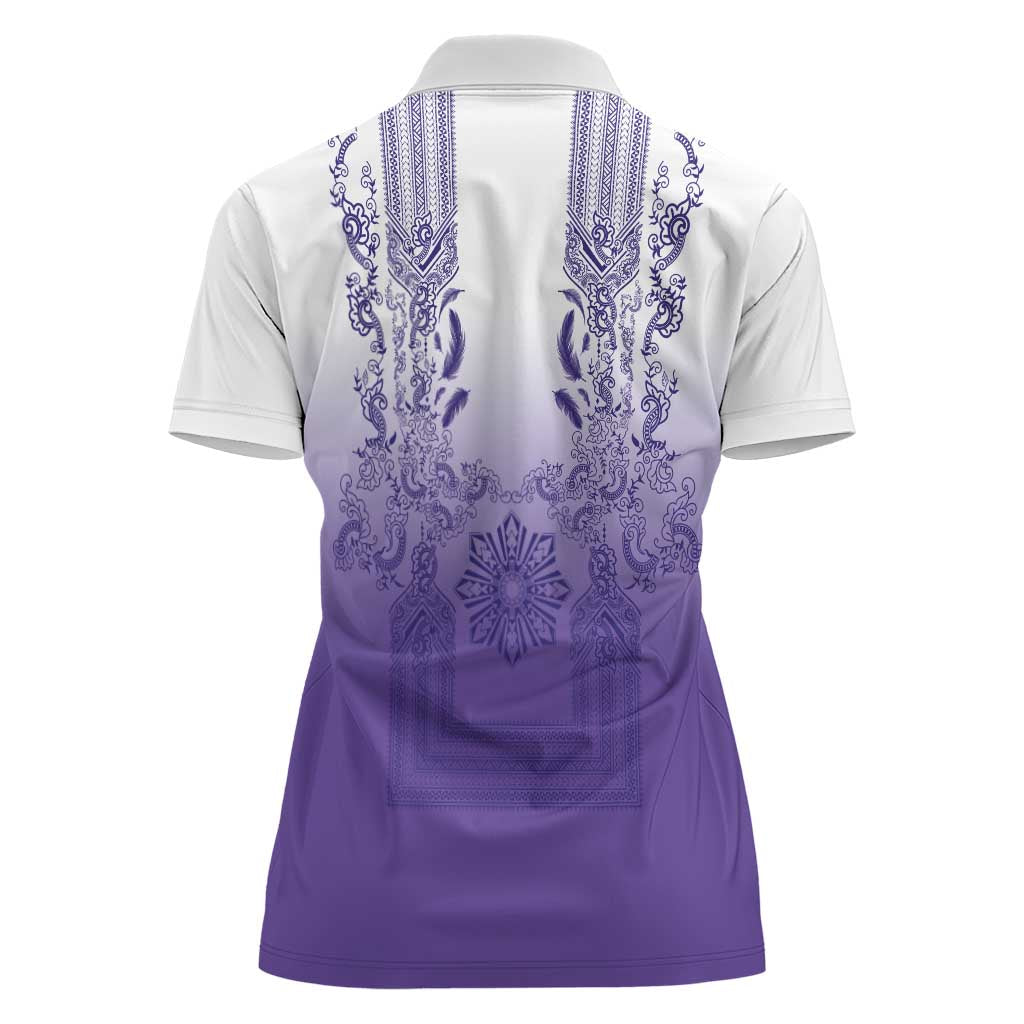 Philippines Barong Style Women Polo Shirt with Polynesian Art and Leaf Motif Purple Color
