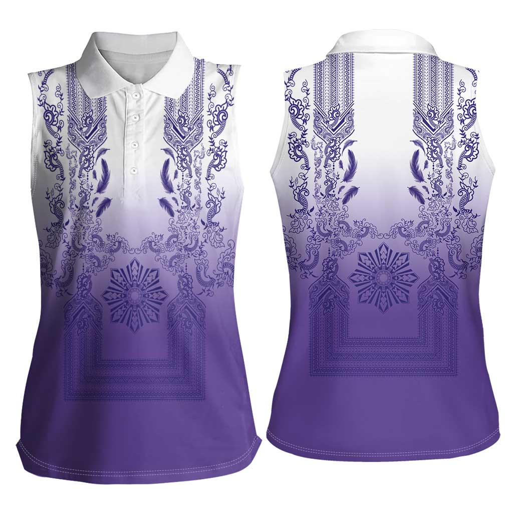Philippines Barong Style Women Sleeveless Polo Shirt with Polynesian Art and Leaf Motif Purple Color