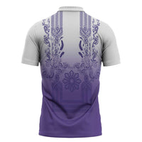 Philippines Barong Style Zipper Polo Shirt with Polynesian Art and Leaf Motif Purple Color