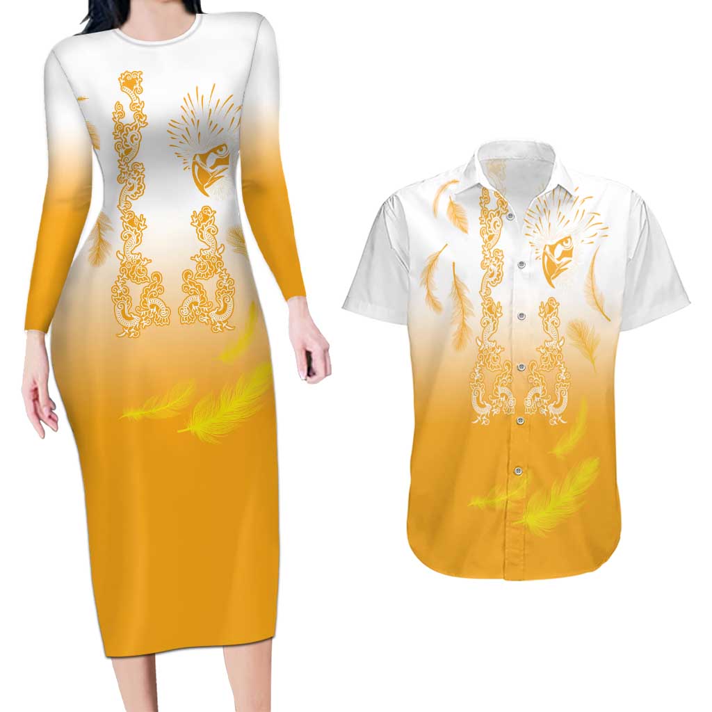 Philippines National Costume Style Couples Matching Long Sleeve Bodycon Dress and Hawaiian Shirt Barong Tagalog and Eagle Feather Yellow Color