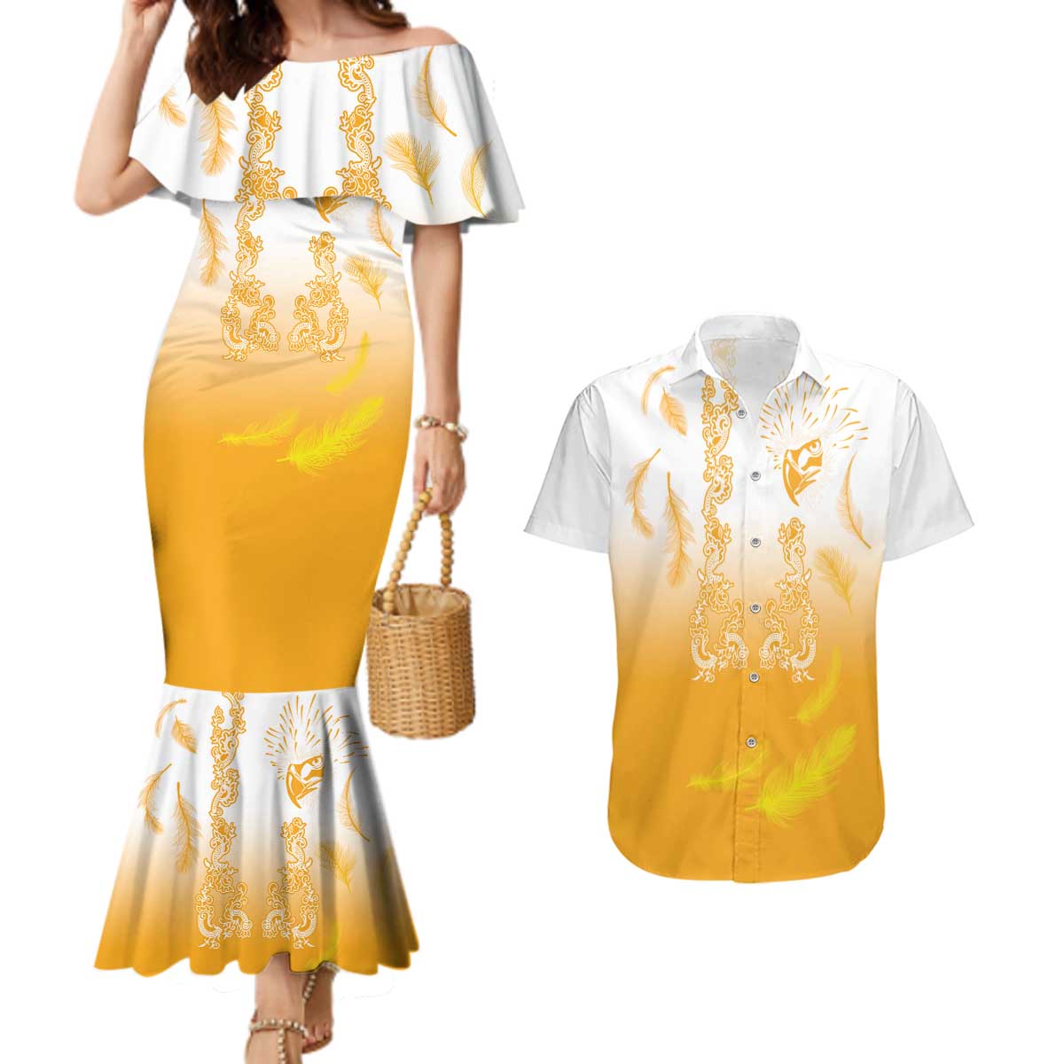 Philippines National Costume Style Couples Matching Mermaid Dress and Hawaiian Shirt Barong Tagalog and Eagle Feather Yellow Color