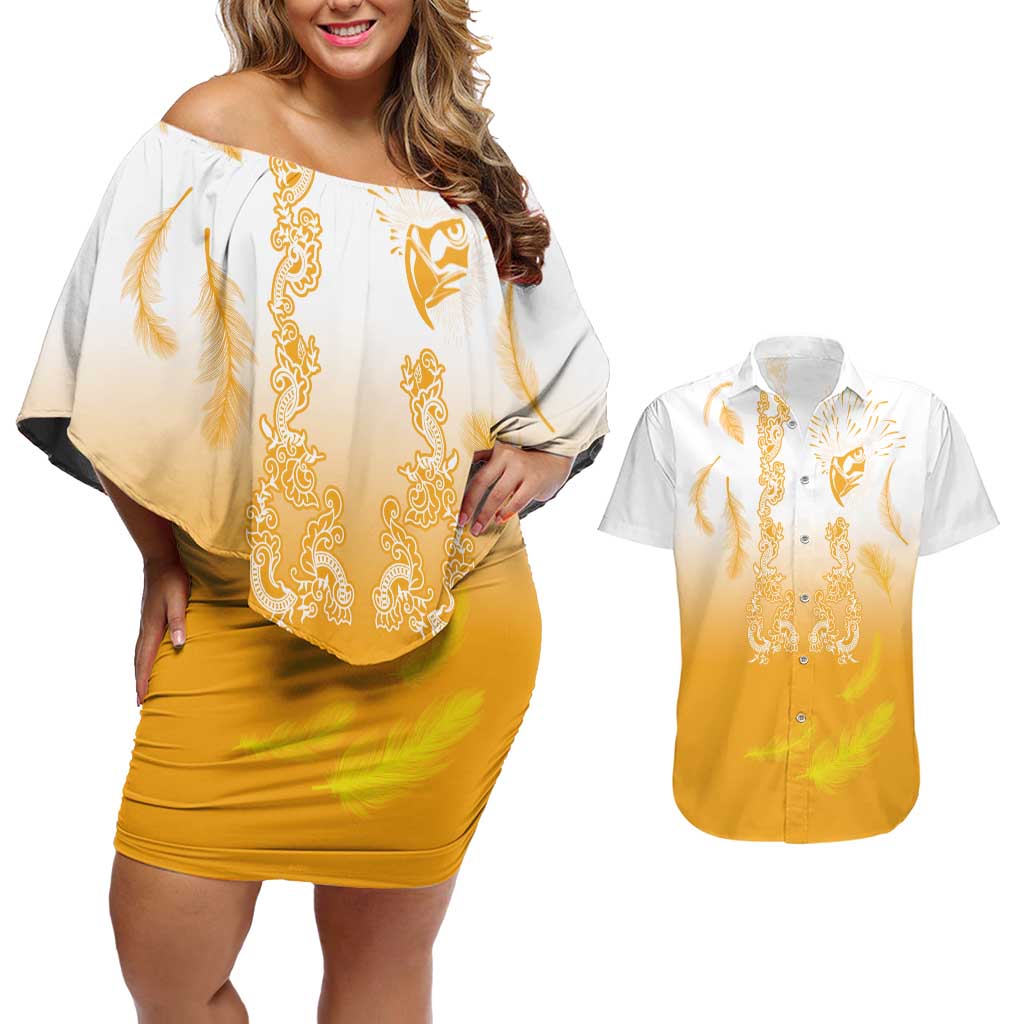 Philippines National Costume Style Couples Matching Off Shoulder Short Dress and Hawaiian Shirt Barong Tagalog and Eagle Feather Yellow Color