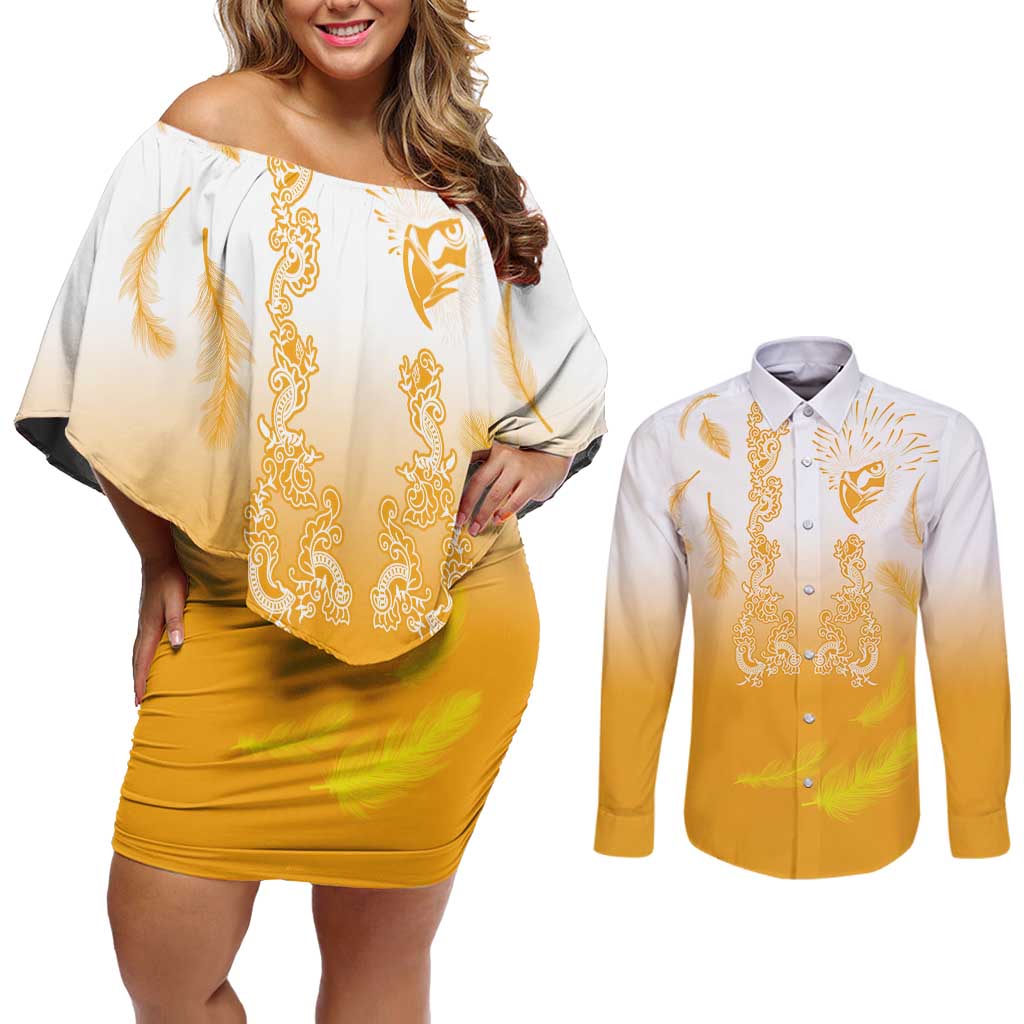 Philippines National Costume Style Couples Matching Off Shoulder Short Dress and Long Sleeve Button Shirt Barong Tagalog and Eagle Feather Yellow Color