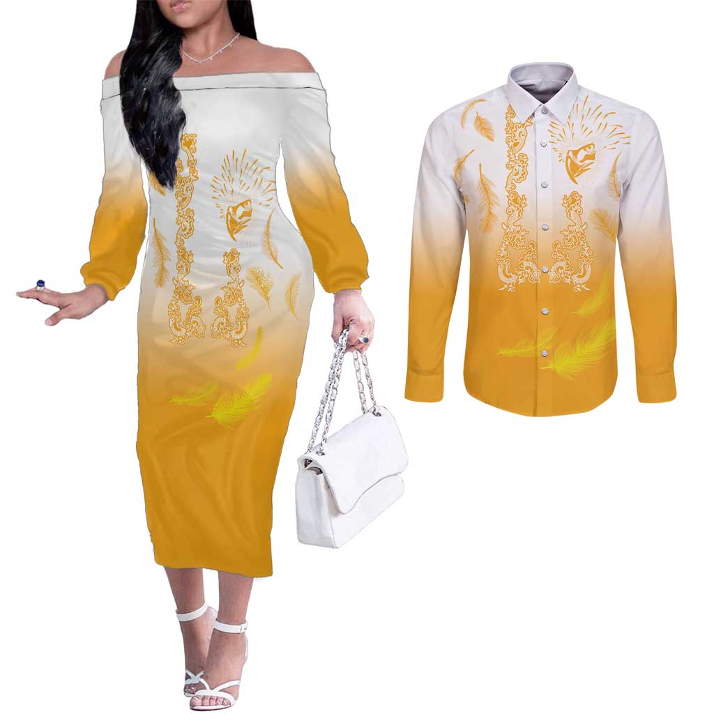 Philippines National Costume Style Couples Matching Off The Shoulder Long Sleeve Dress and Long Sleeve Button Shirt Barong Tagalog and Eagle Feather Yellow Color