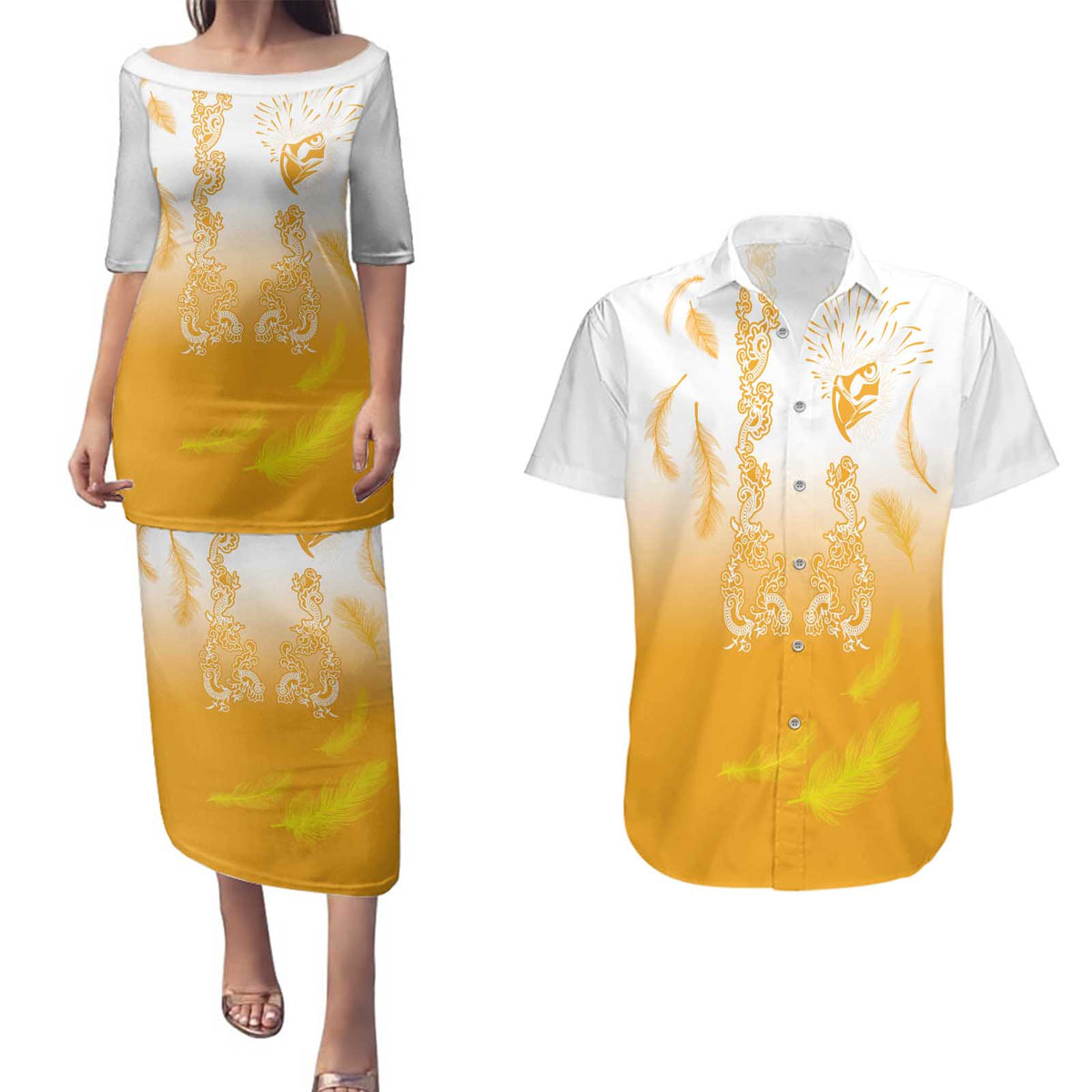 Philippines National Costume Style Couples Matching Puletasi and Hawaiian Shirt Barong Tagalog and Eagle Feather Yellow Color