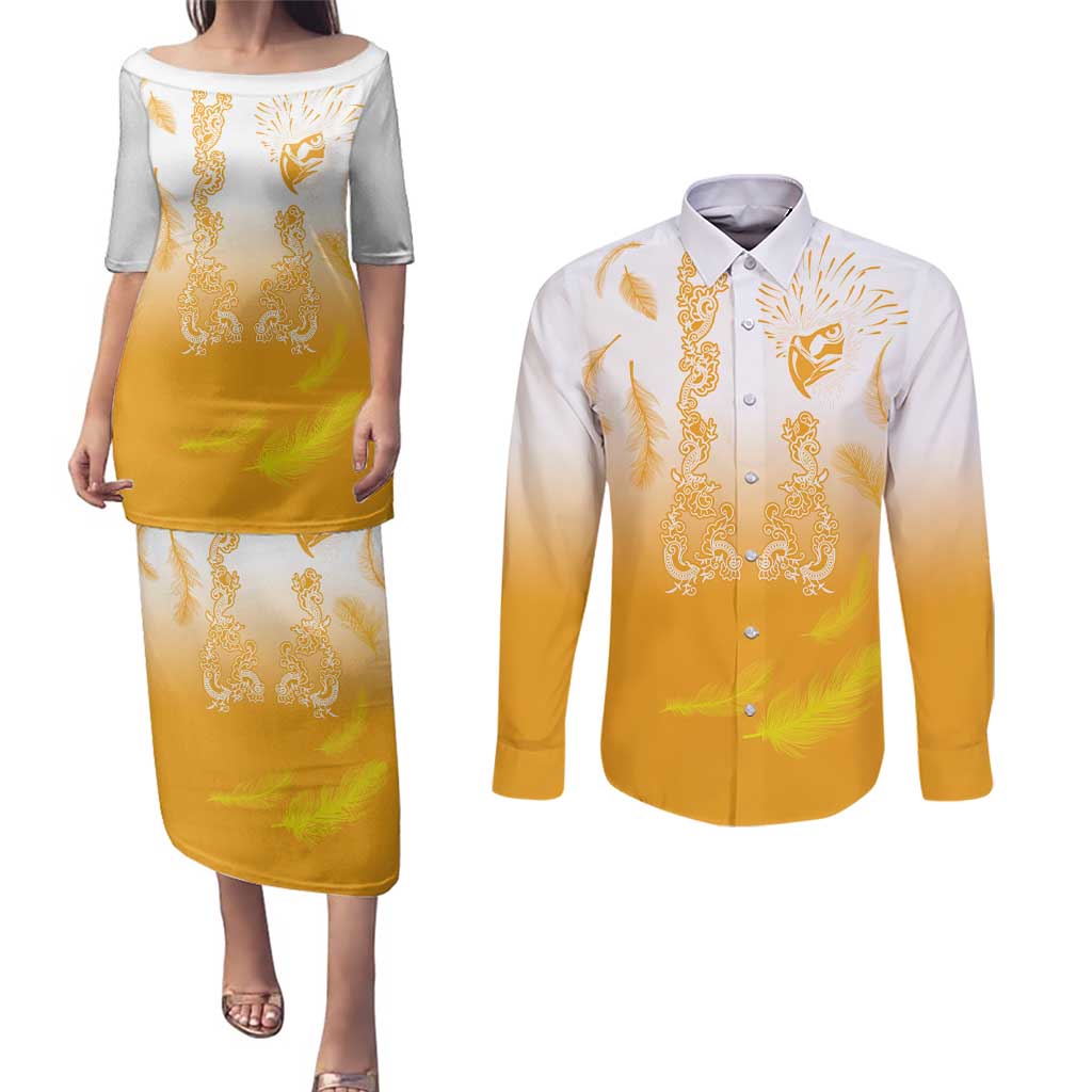 Philippines National Costume Style Couples Matching Puletasi and Long Sleeve Button Shirt Barong Tagalog and Eagle Feather Yellow Color