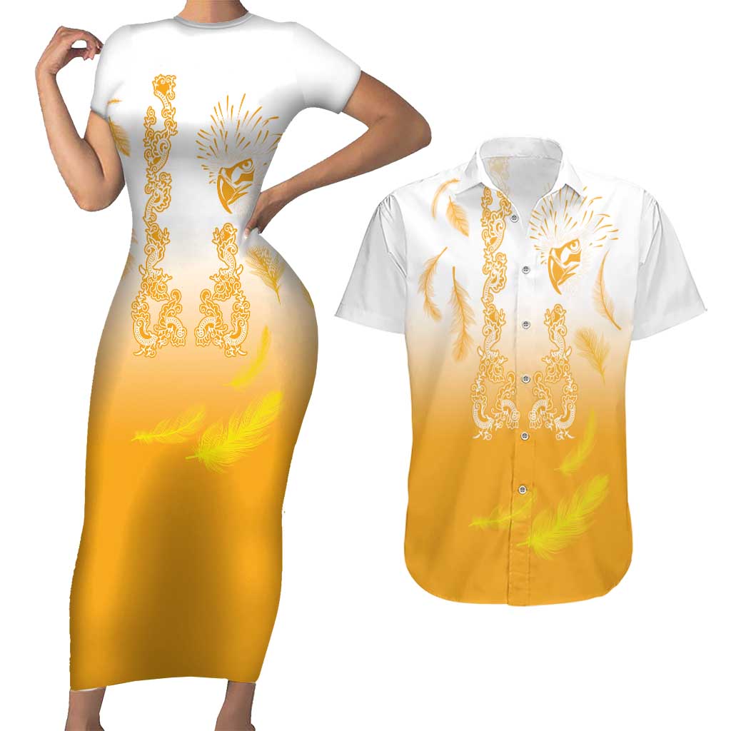 Philippines National Costume Style Couples Matching Short Sleeve Bodycon Dress and Hawaiian Shirt Barong Tagalog and Eagle Feather Yellow Color