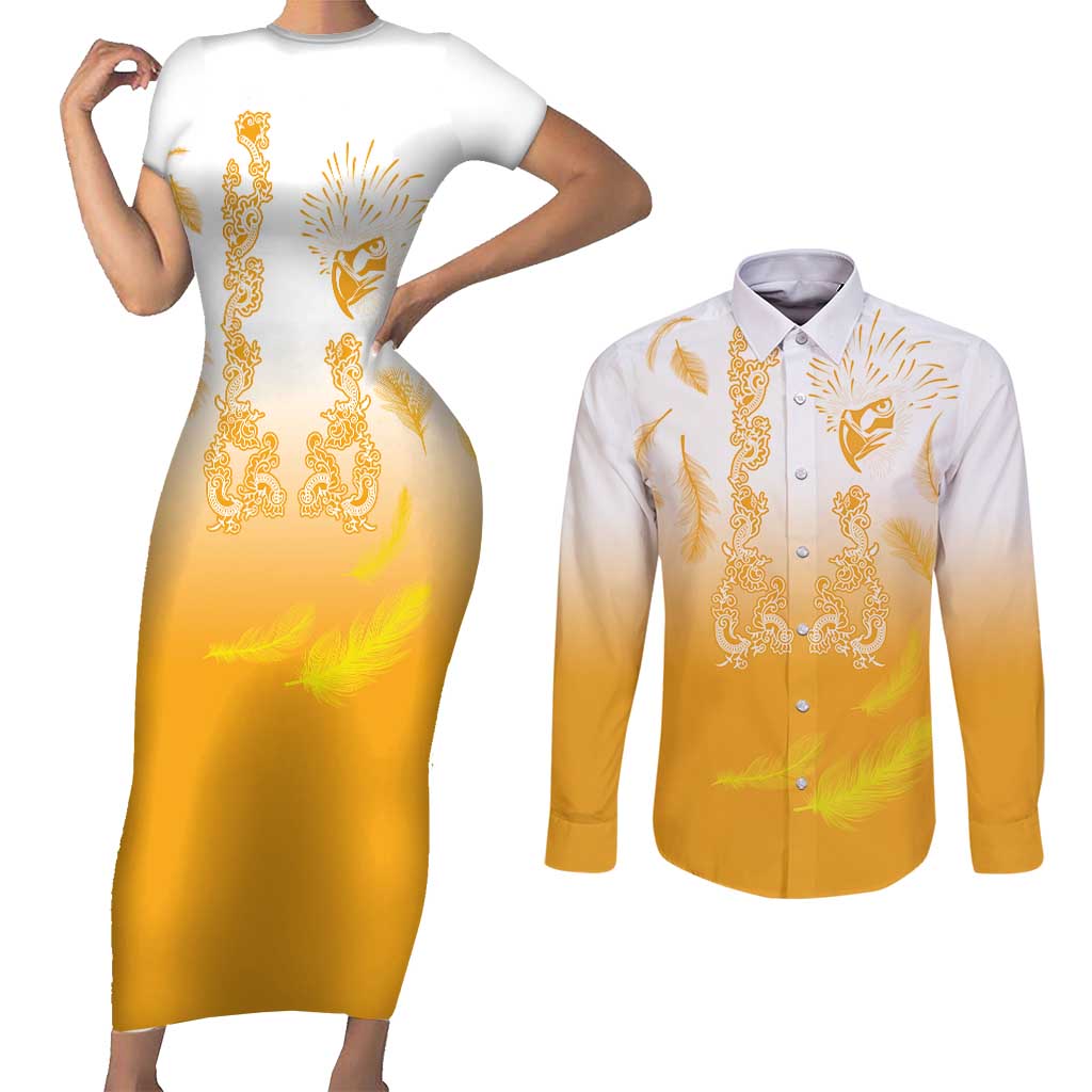 Philippines National Costume Style Couples Matching Short Sleeve Bodycon Dress and Long Sleeve Button Shirt Barong Tagalog and Eagle Feather Yellow Color