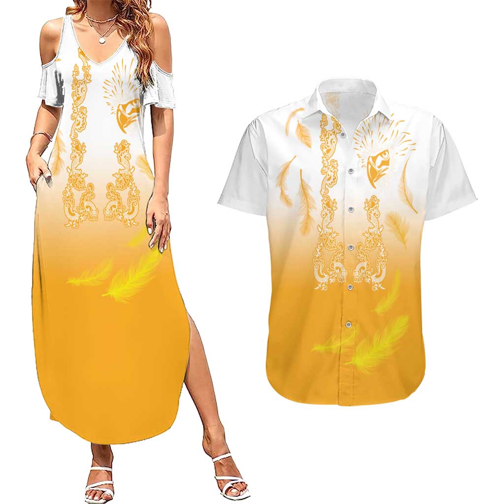 Philippines National Costume Style Couples Matching Summer Maxi Dress and Hawaiian Shirt Barong Tagalog and Eagle Feather Yellow Color