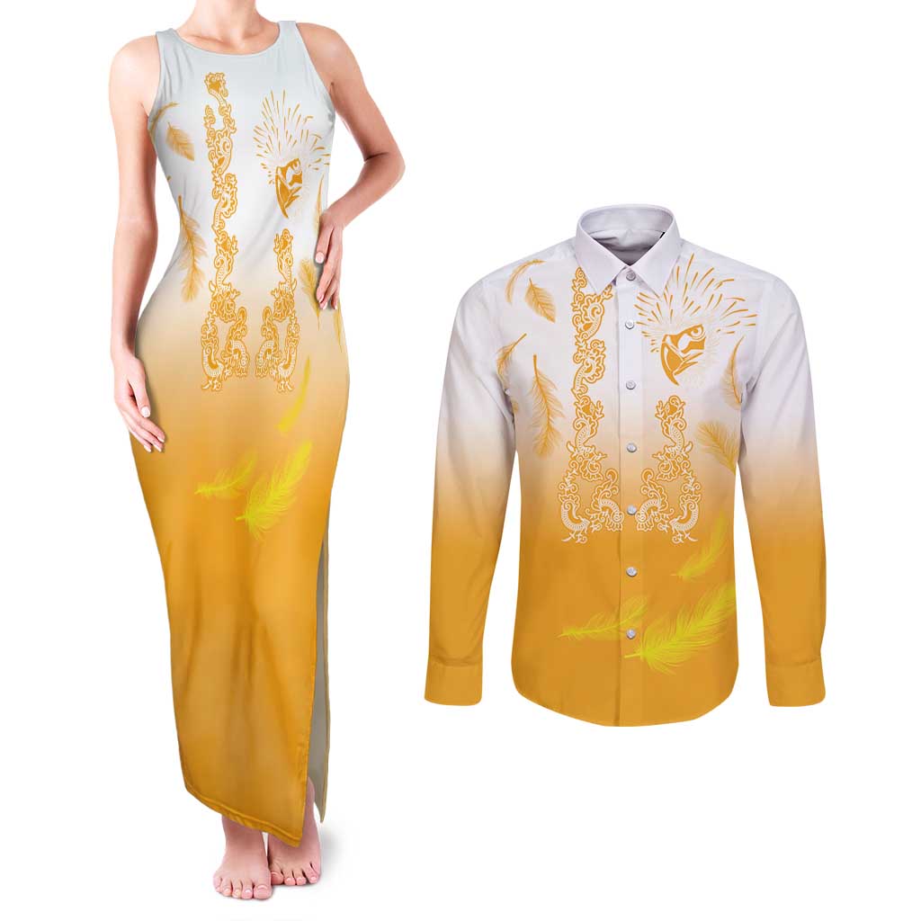 Philippines National Costume Style Couples Matching Tank Maxi Dress and Long Sleeve Button Shirt Barong Tagalog and Eagle Feather Yellow Color