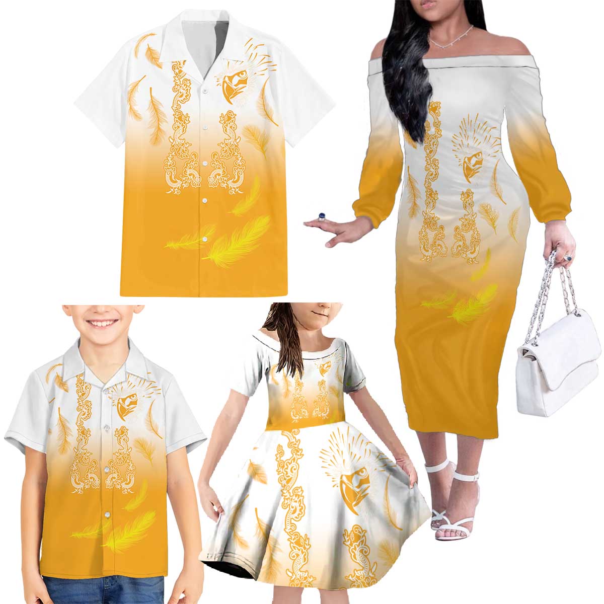 Philippines National Costume Style Family Matching Off The Shoulder Long Sleeve Dress and Hawaiian Shirt Barong Tagalog and Eagle Feather Yellow Color