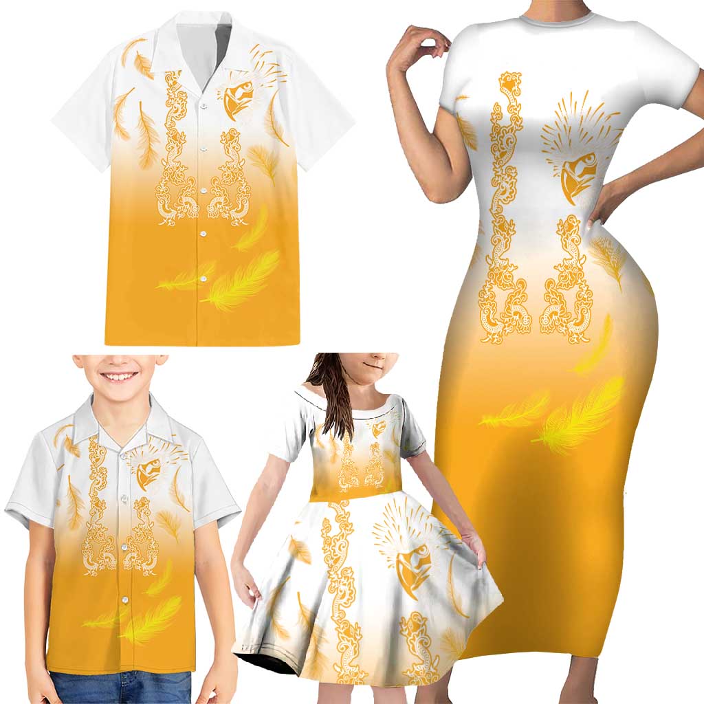 Philippines National Costume Style Family Matching Short Sleeve Bodycon Dress and Hawaiian Shirt Barong Tagalog and Eagle Feather Yellow Color