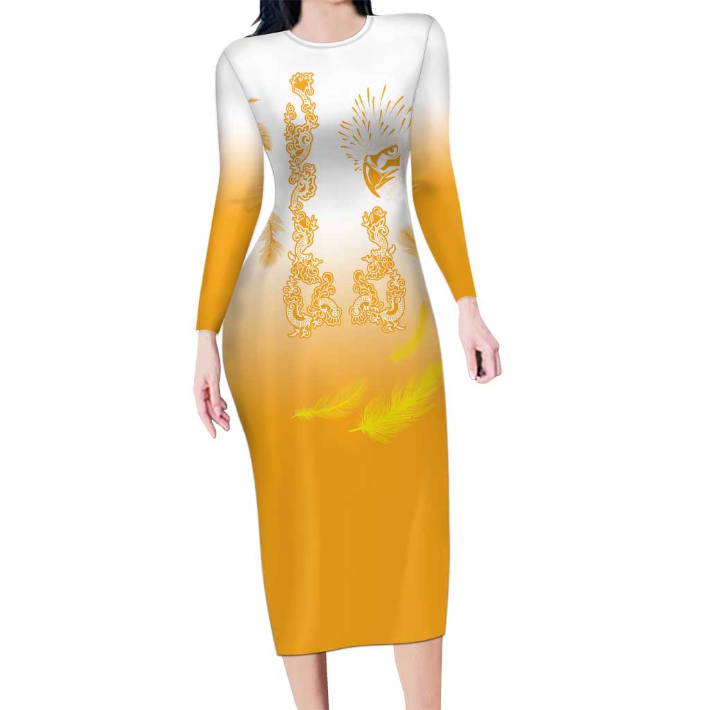 Philippines National Costume Style Long Sleeve Bodycon Dress Barong Tagalog and Eagle Feather Yellow Color