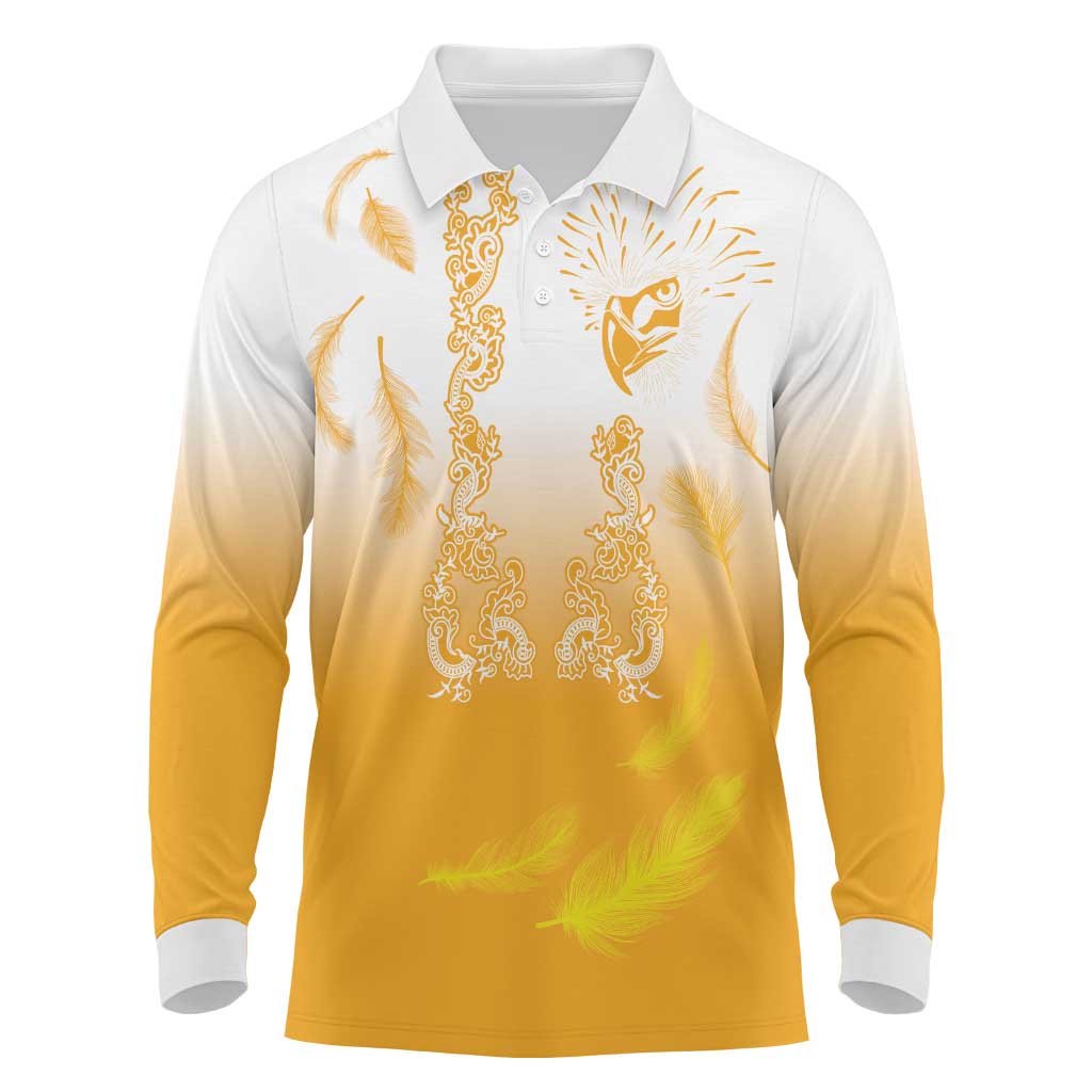 Philippines National Costume Style Long Sleeve Polo Shirt Barong Tagalog and Eagle Feather Yellow Color
