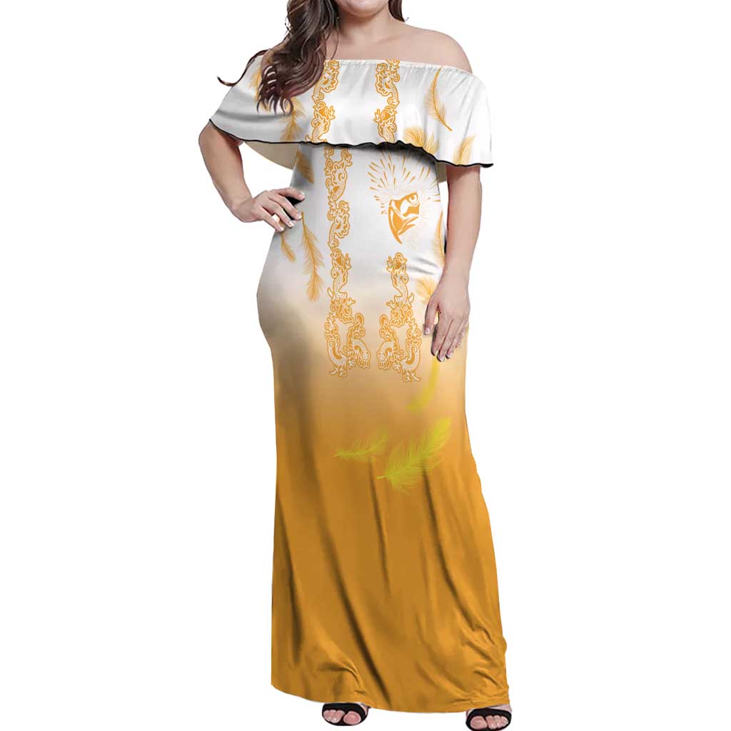 Philippines National Costume Style Off Shoulder Maxi Dress Barong Tagalog and Eagle Feather Yellow Color