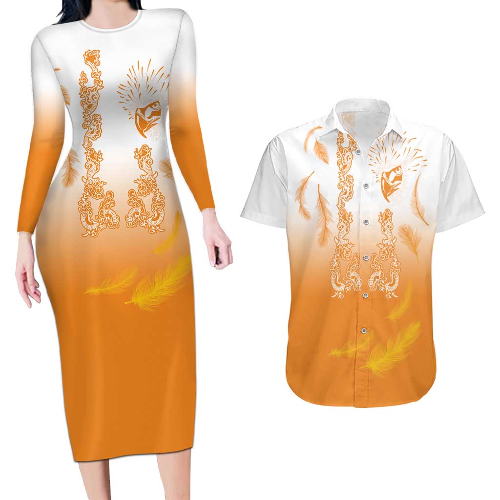 Philippines National Costume Style Couples Matching Long Sleeve Bodycon Dress and Hawaiian Shirt Barong Tagalog and Eagle Feather Orange Color