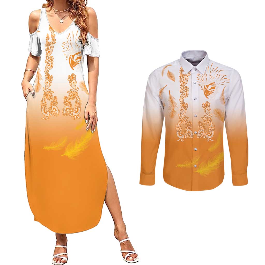 Philippines National Costume Style Couples Matching Summer Maxi Dress and Long Sleeve Button Shirt Barong Tagalog and Eagle Feather Orange Color