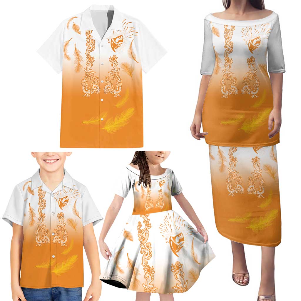 Philippines National Costume Style Family Matching Puletasi and Hawaiian Shirt Barong Tagalog and Eagle Feather Orange Color