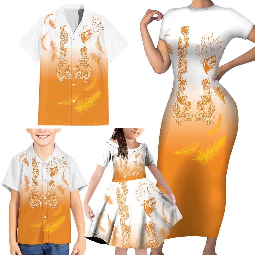 Philippines National Costume Style Family Matching Short Sleeve Bodycon Dress and Hawaiian Shirt Barong Tagalog and Eagle Feather Orange Color