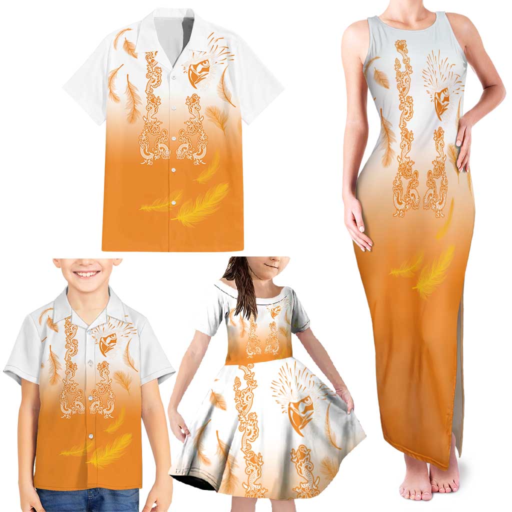 Philippines National Costume Style Family Matching Tank Maxi Dress and Hawaiian Shirt Barong Tagalog and Eagle Feather Orange Color