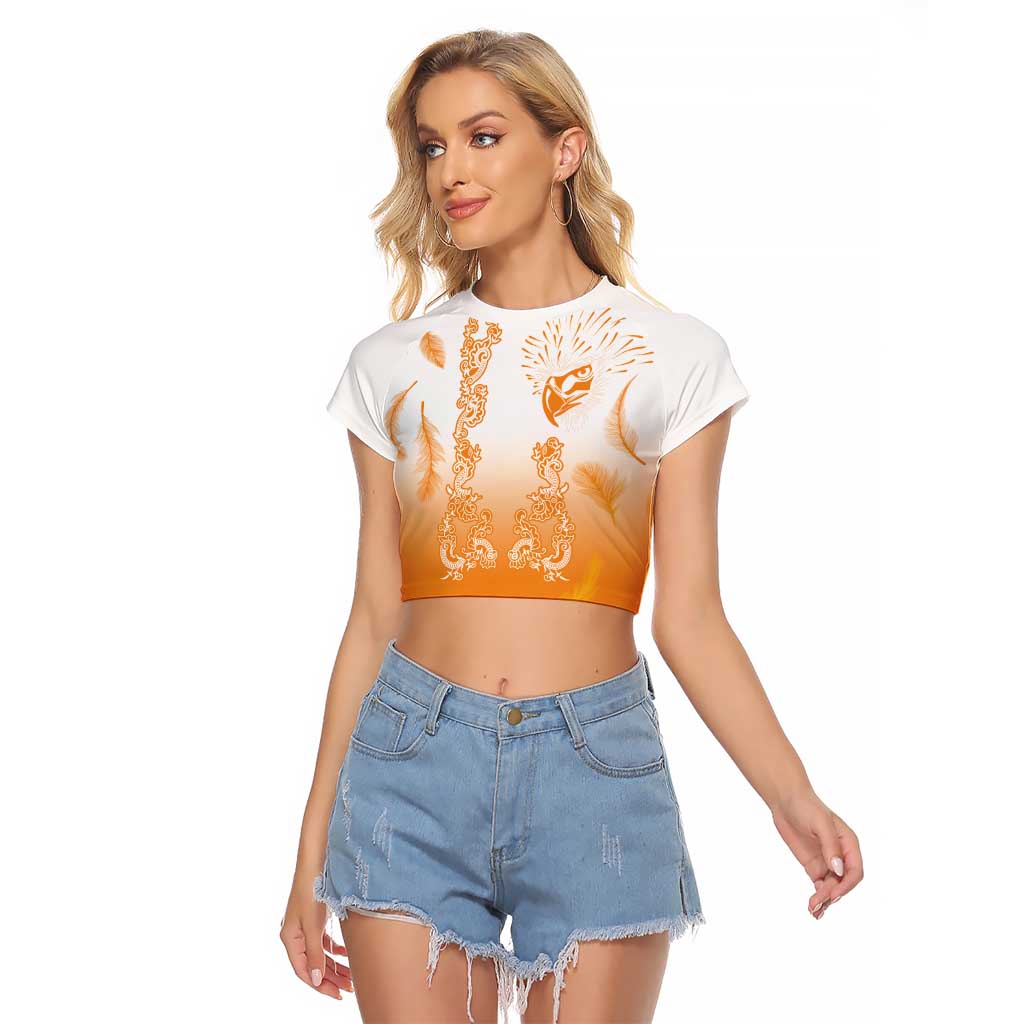 Philippines National Costume Style Raglan Cropped T Shirt Barong Tagalog and Eagle Feather Orange Color
