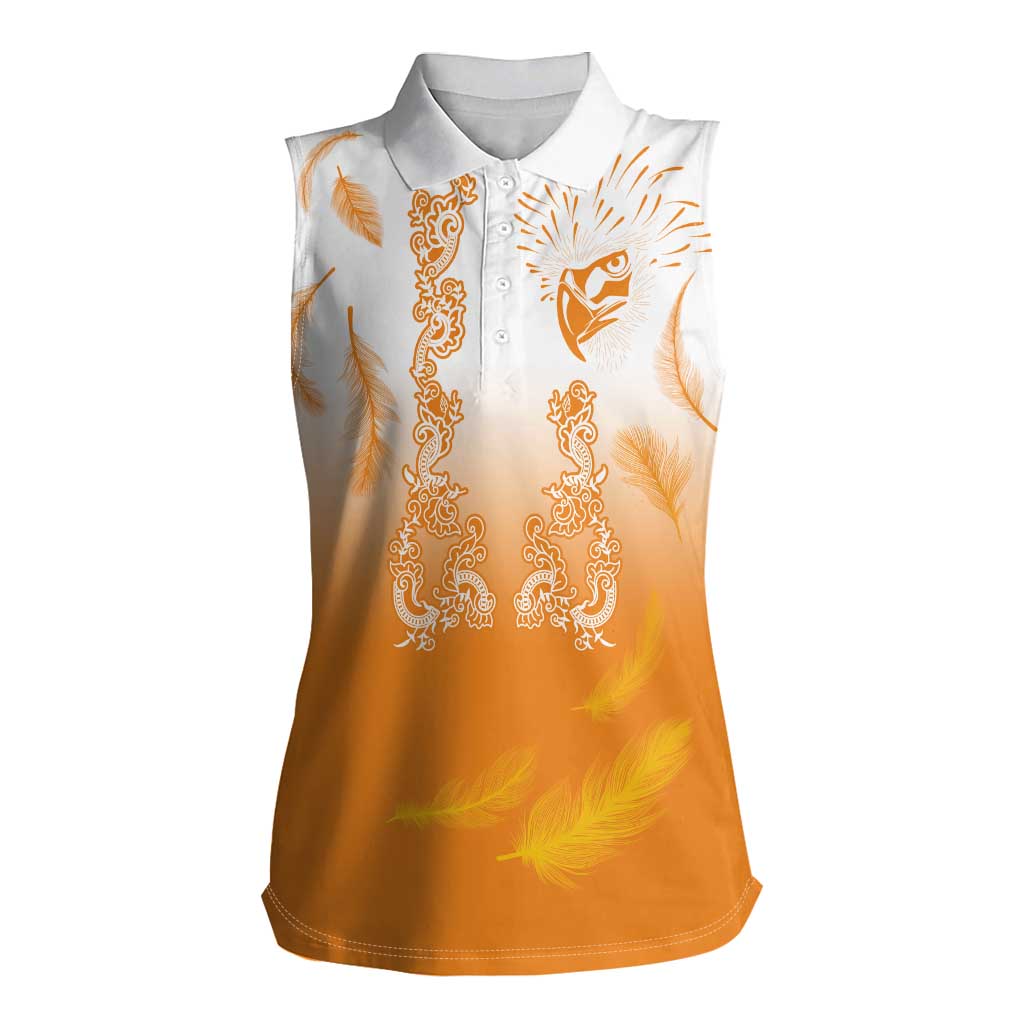 Philippines National Costume Style Women Sleeveless Polo Shirt Barong Tagalog and Eagle Feather Orange Color