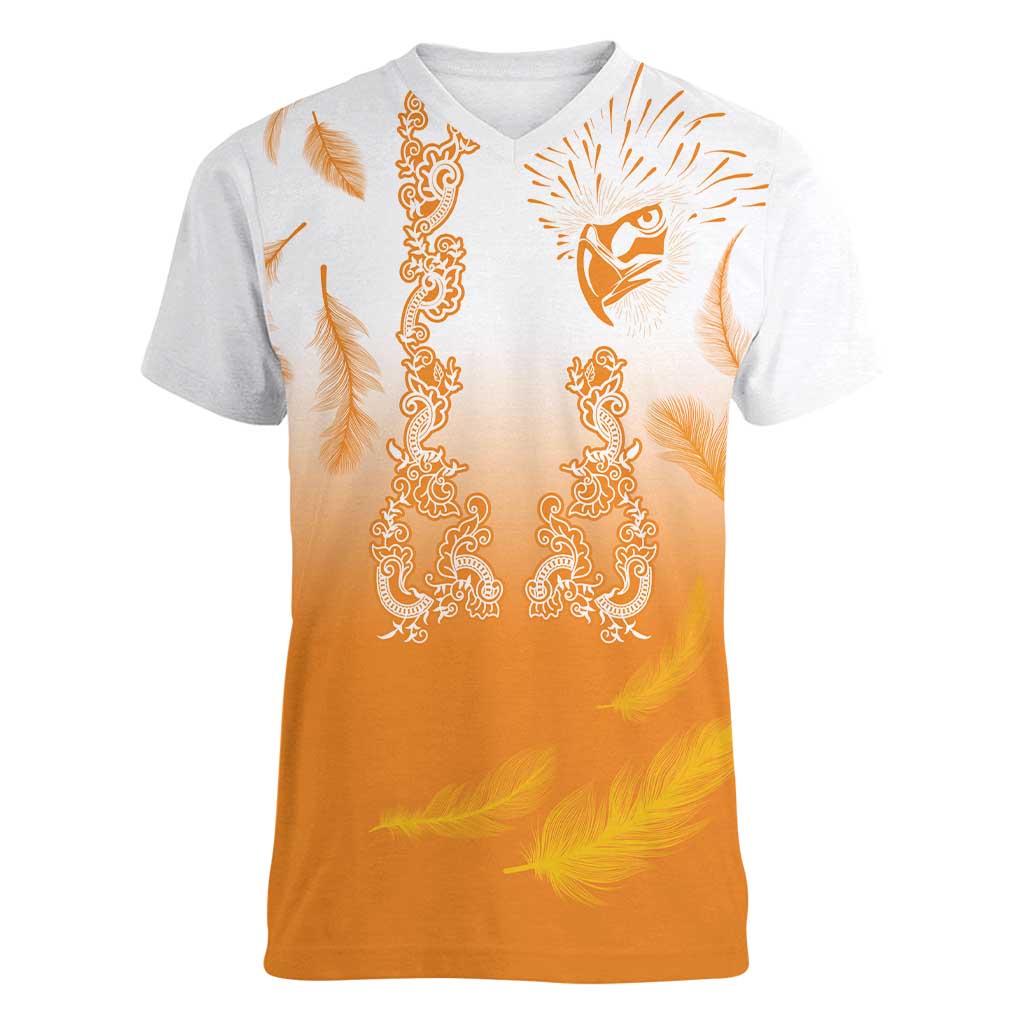 Philippines National Costume Style Women V-Neck T-Shirt Barong Tagalog and Eagle Feather Orange Color
