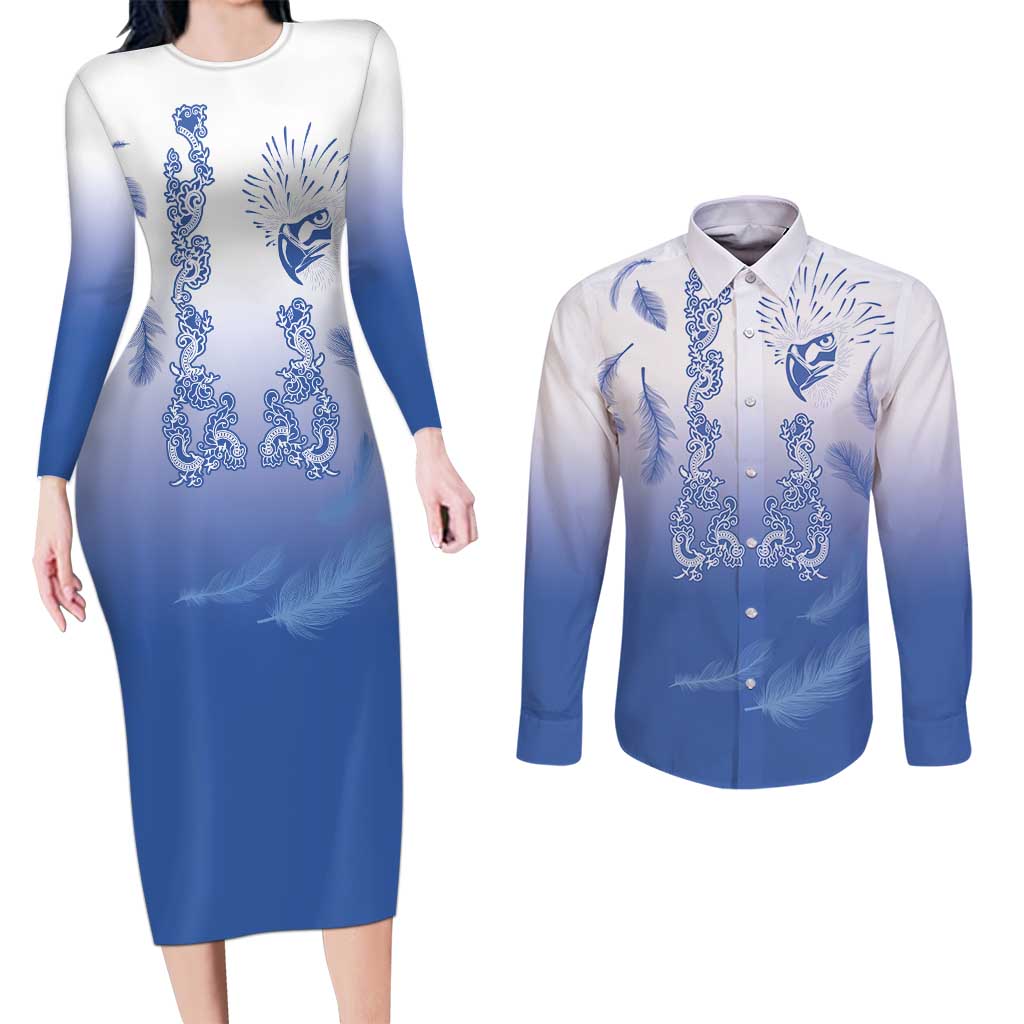 Philippines National Costume Style Couples Matching Long Sleeve Bodycon Dress and Long Sleeve Button Shirt Barong Tagalog and Eagle Feather Blue Color