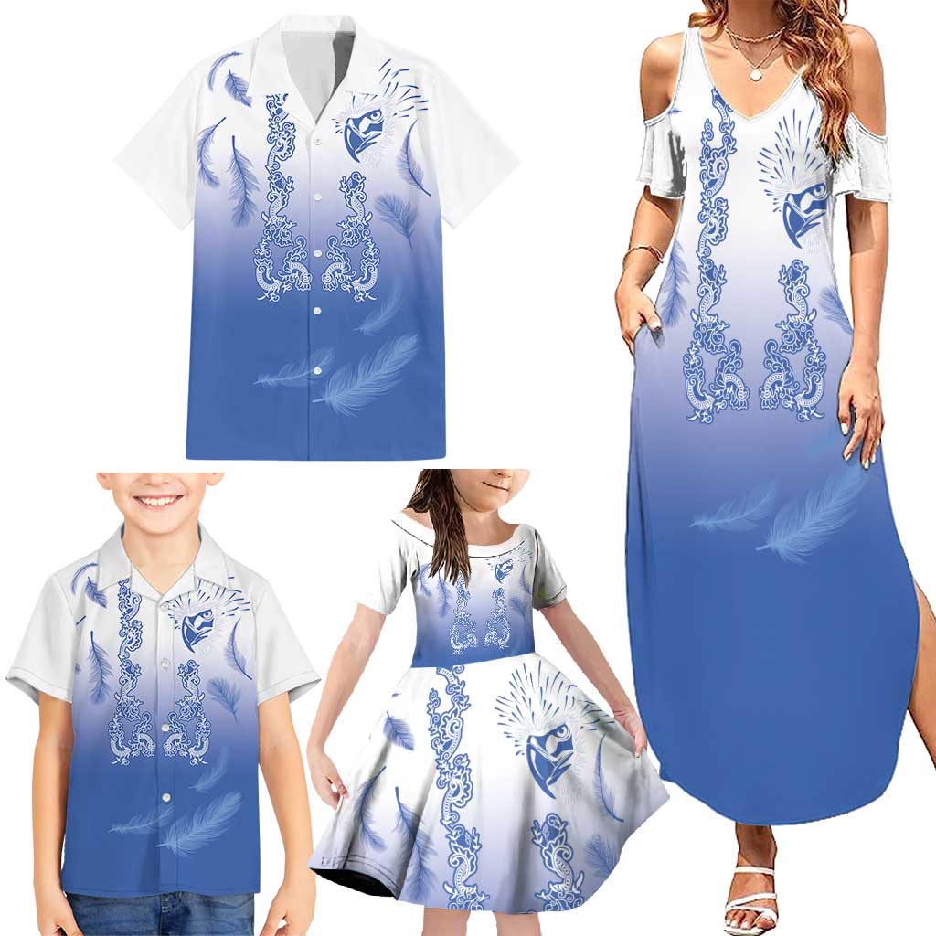 Philippines National Costume Style Family Matching Summer Maxi Dress and Hawaiian Shirt Barong Tagalog and Eagle Feather Blue Color
