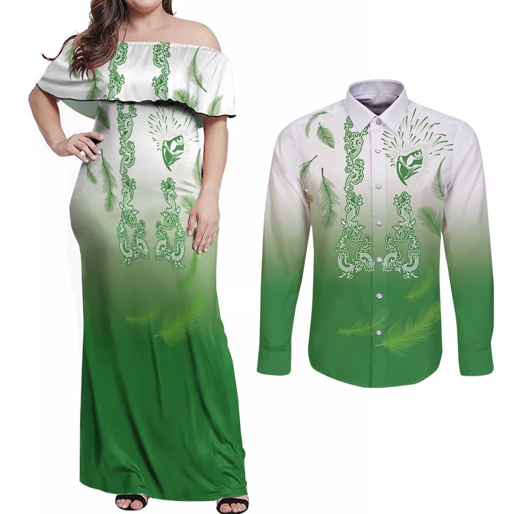 Philippines National Costume Style Couples Matching Off Shoulder Maxi Dress and Long Sleeve Button Shirt Barong Tagalog and Eagle Feather Green Color