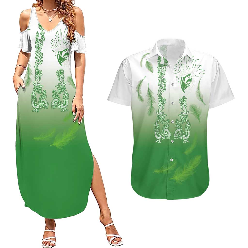 Philippines National Costume Style Couples Matching Summer Maxi Dress and Hawaiian Shirt Barong Tagalog and Eagle Feather Green Color