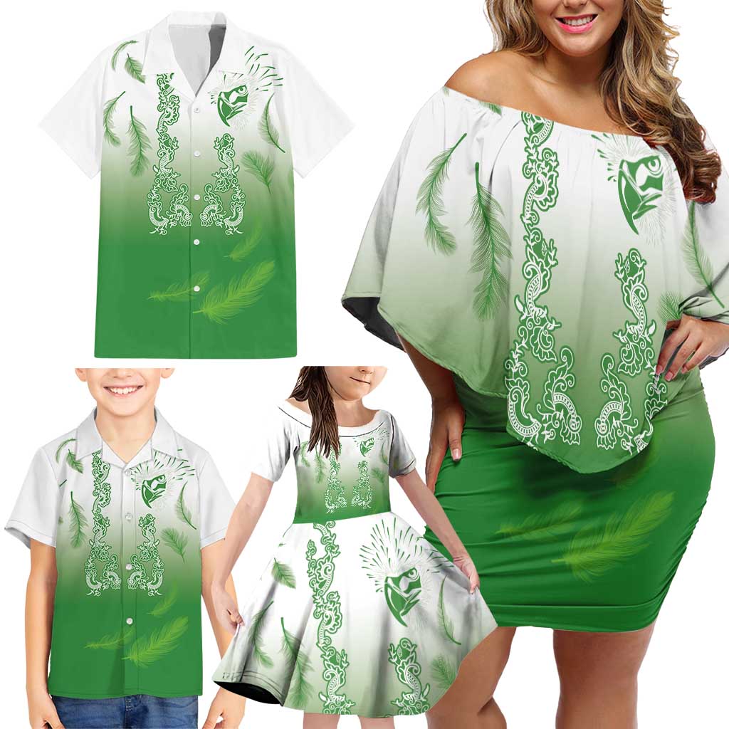 Philippines National Costume Style Family Matching Off Shoulder Short Dress and Hawaiian Shirt Barong Tagalog and Eagle Feather Green Color