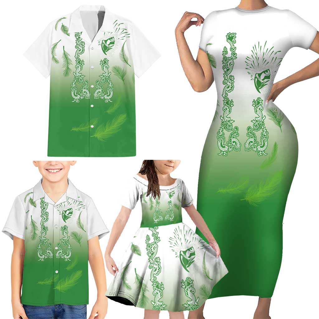 Philippines National Costume Style Family Matching Short Sleeve Bodycon Dress and Hawaiian Shirt Barong Tagalog and Eagle Feather Green Color